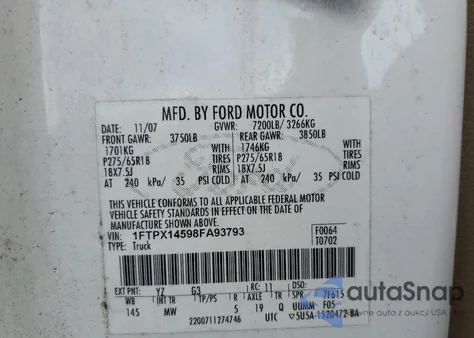 2008 Ford F150 из США, поврежденный, VIN 1FTPX14598FA93793